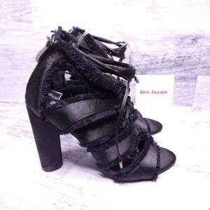 Cape Robbin Maura Satin Fringe Ankle Wrap Dress Sandal Black Women's sz 9